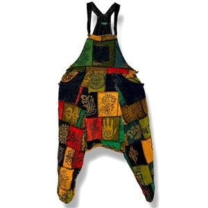 Handmade Patchwork Overalls Sz XL Indie Hippie Boho Green Blue Red Slouchy